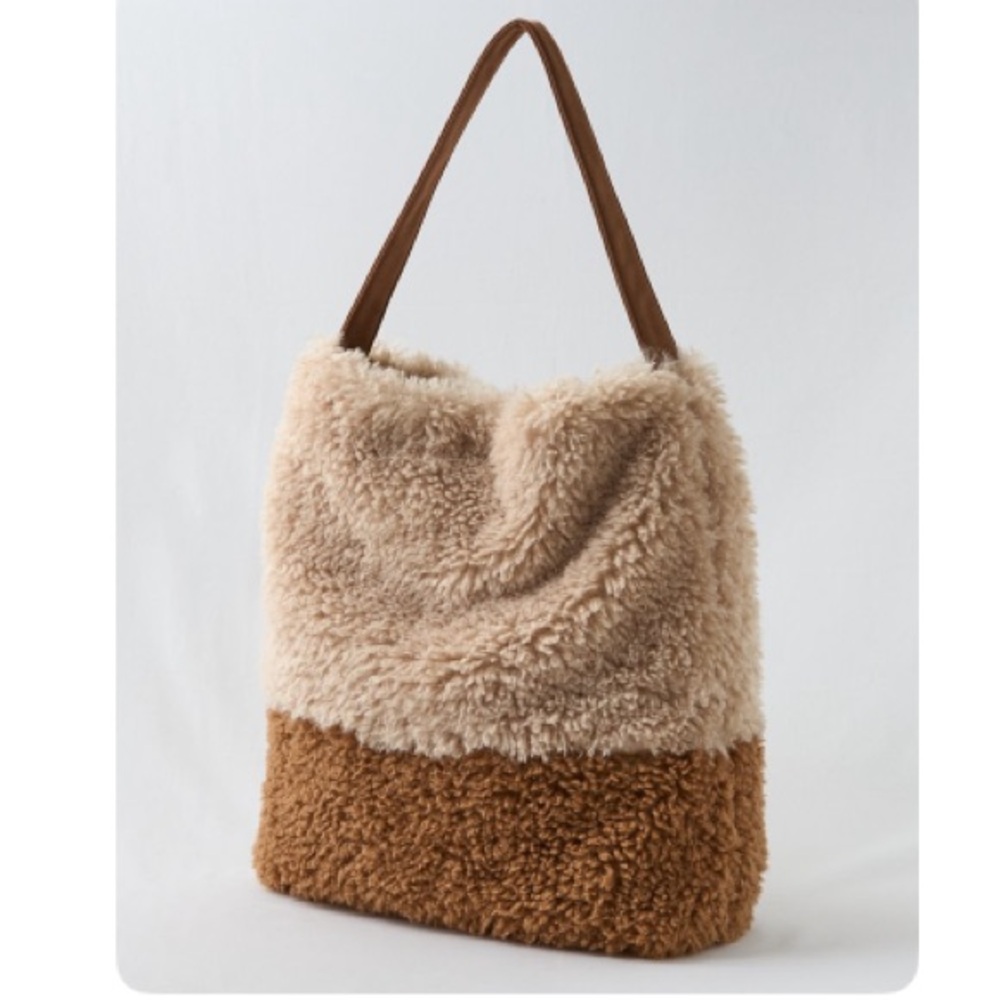 Aerie Cream and Brown Shearling Shoulder Bag